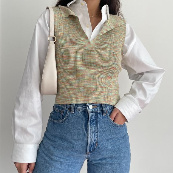 NWT Hazel Moon multi colored Knit Polo Collared Cropped top - Picture 5 of 9